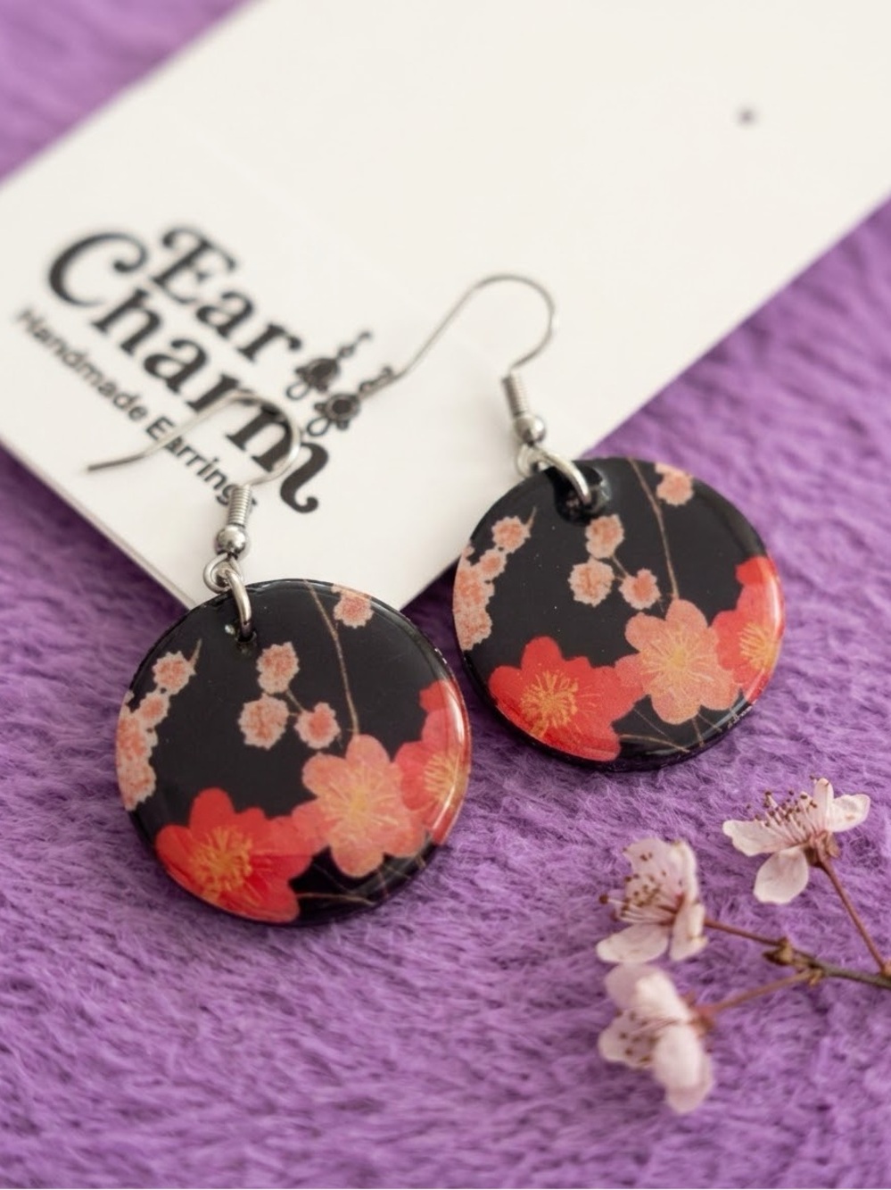 Handmade Black Floral Drop Earrings - Red & Coral Flowers - New